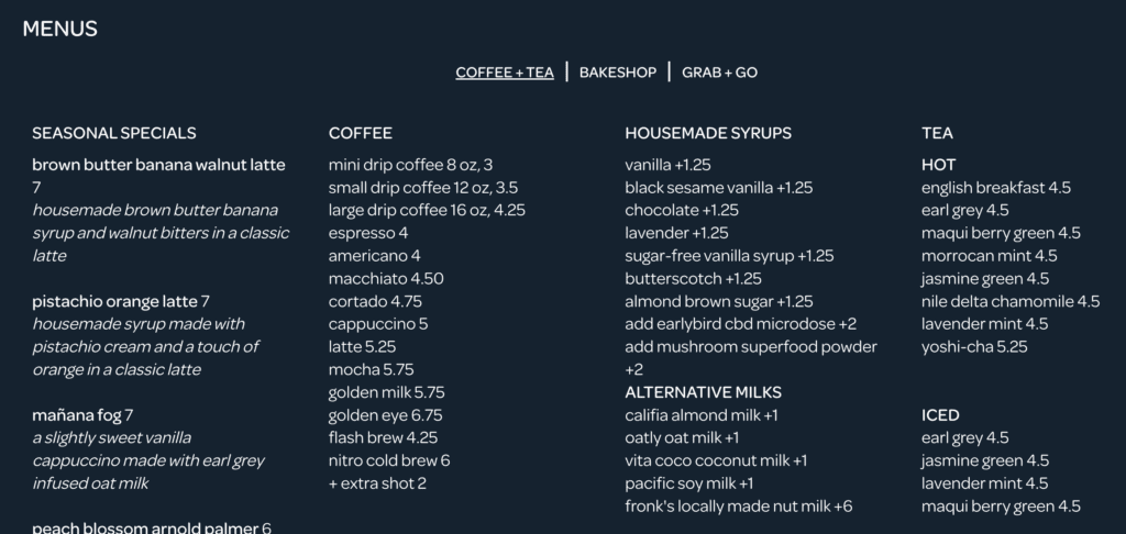 Current drink menu for Manana Coffee